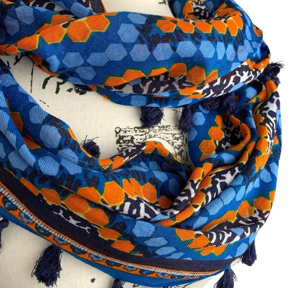 Bohemian Blue & Orange Geometric Hexagon Diamond Print Infinity Scarf Tassels - Picture 3 of 12
